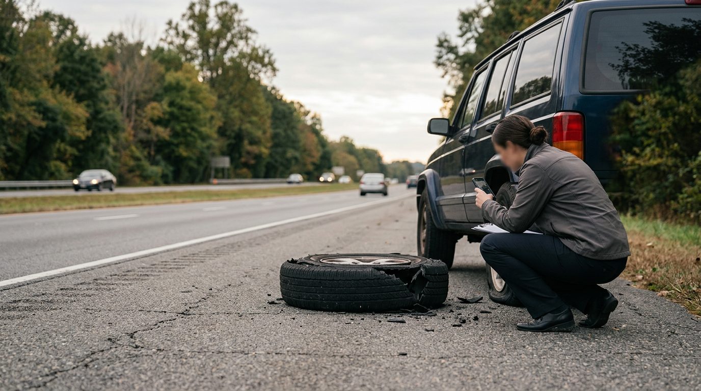 A car with a flat, blown-out tire parked on the shoulder of a Virginia highway
