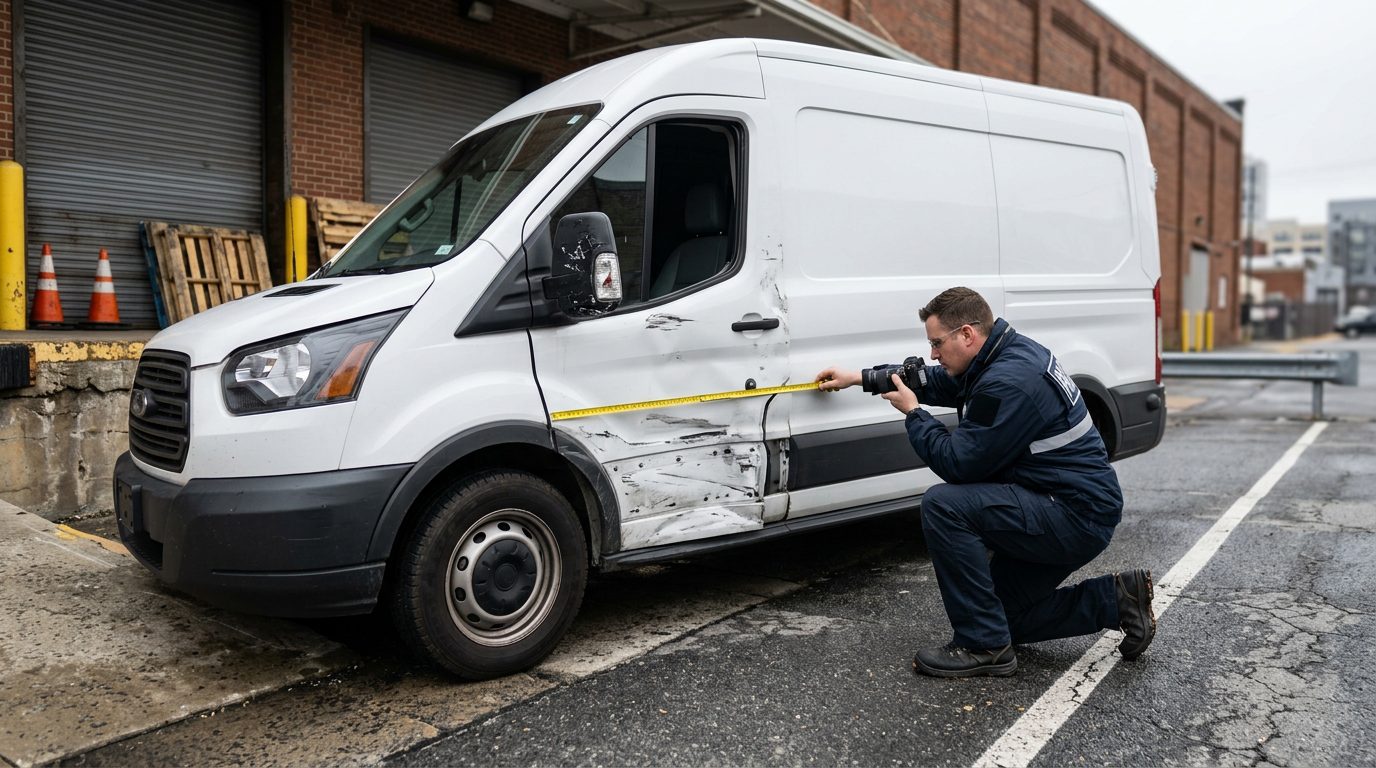A commercial delivery van with driver's-side structural damage is measured by an investigator at an urban loading dock.