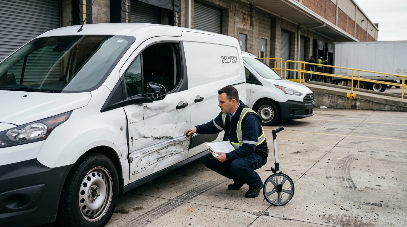 A commercial delivery van with side damage being measured and documented by an investigator at an urban loading dock.