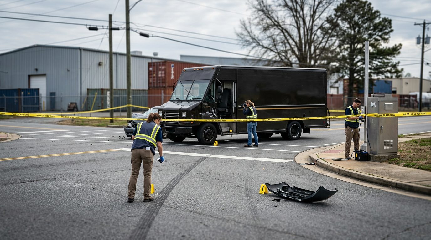 A delivery truck and damaged vehicle at an industrial intersection, with investigators photographing the scene, signal equipment, and road markings.