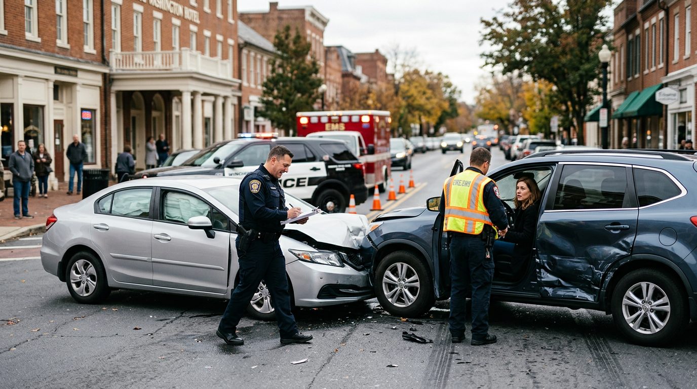 A traffic accident scene on a city street with emergency vehicles and investigators documenting vehicle damage.