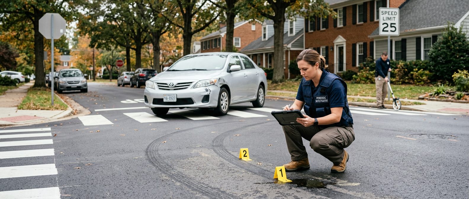 Accident investigation scene at residential intersection documenting vehicle impact and sight lines.