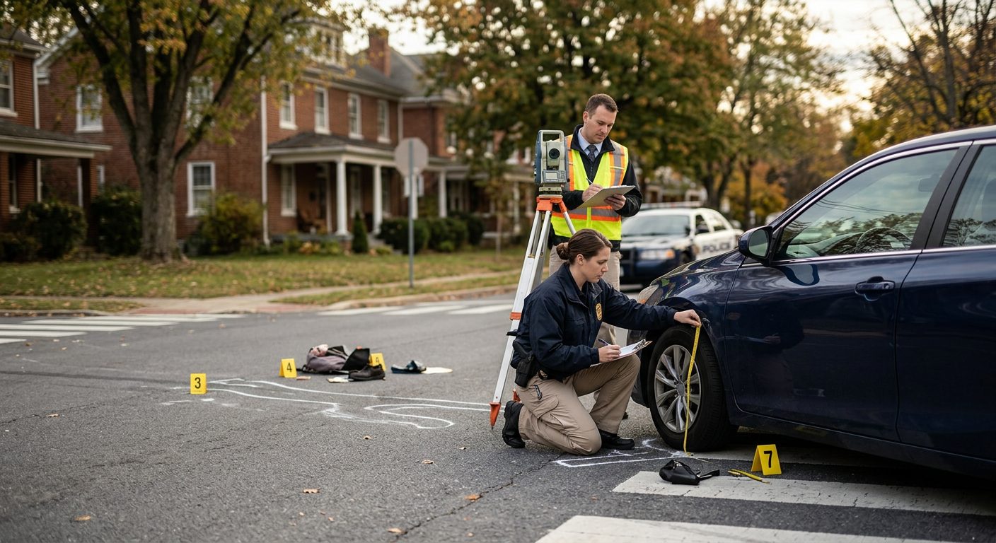 Accident investigation scene at residential intersection documenting vehicle impact points and sight lines.