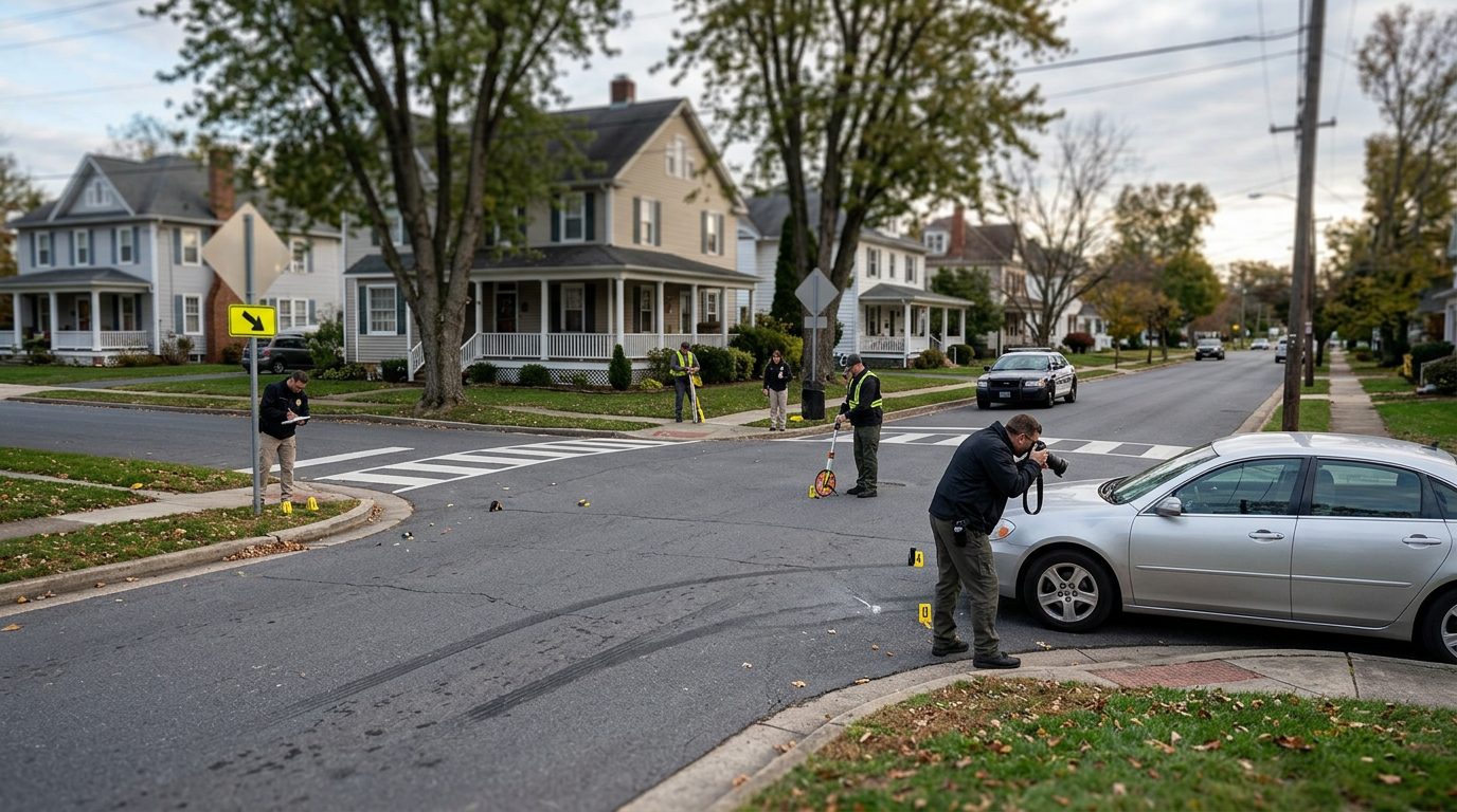 Accident investigation scene at residential intersection documenting vehicle impact points and sight lines.