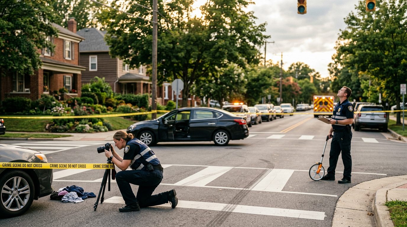Accident investigation scene at residential intersection documenting vehicle impact and road conditions.