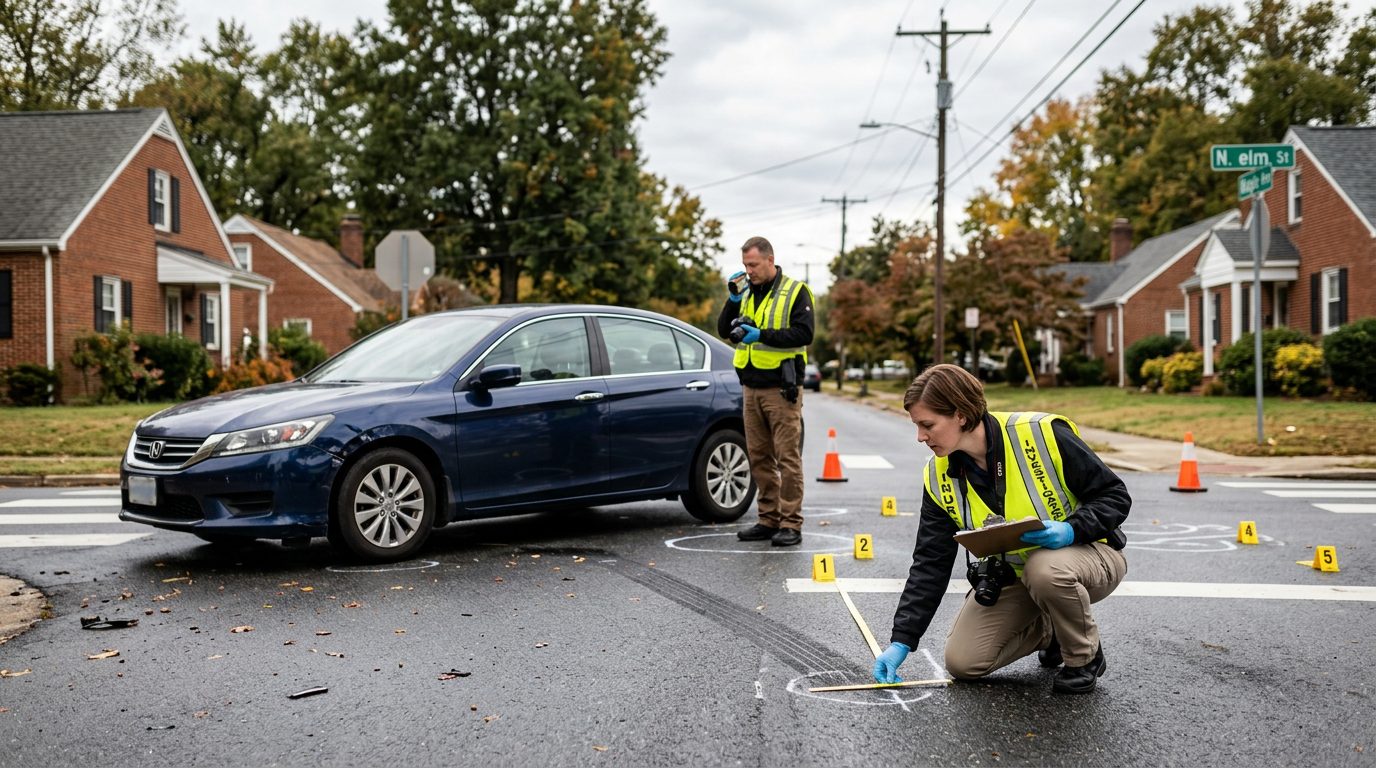 Accident investigation scene at residential intersection documenting vehicle impact points and sight lines.