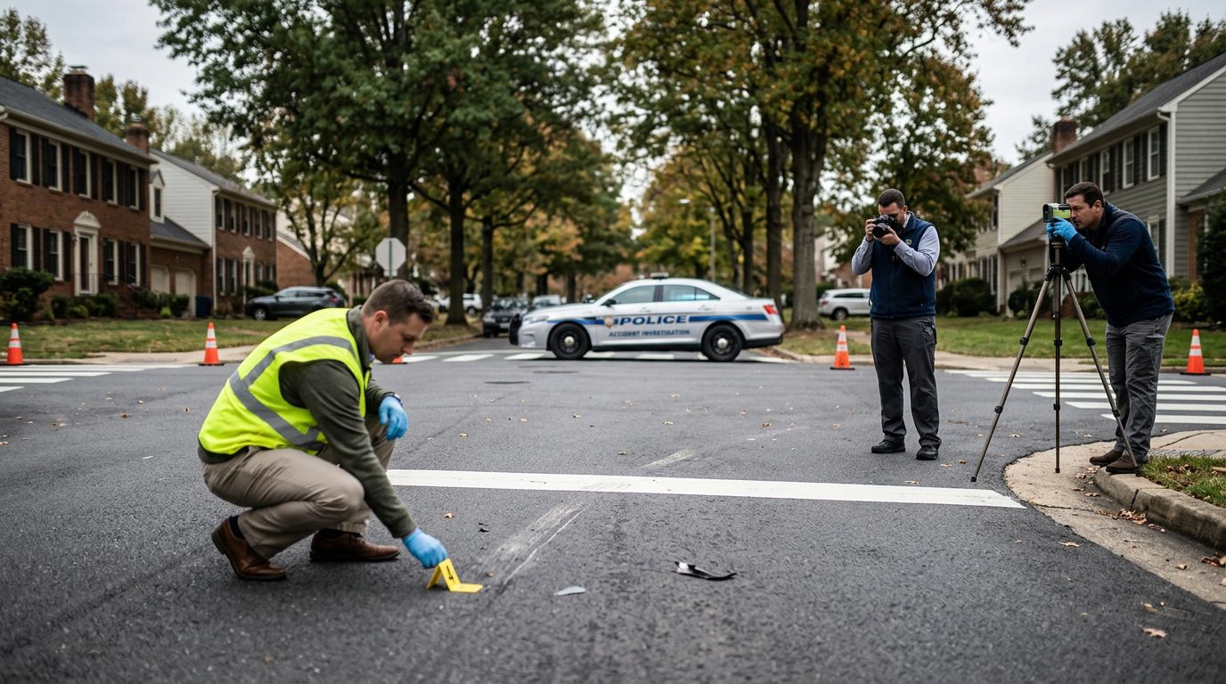 Accident investigation scene at residential intersection documenting vehicle impact points and sight lines.