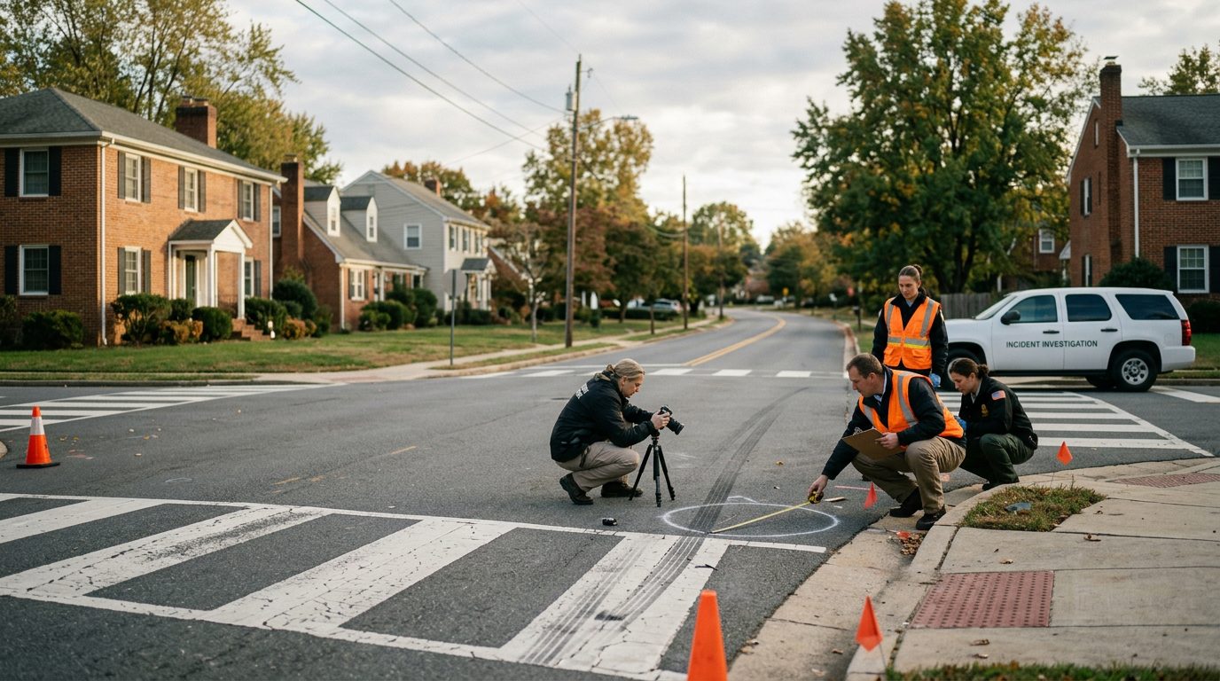 Accident investigation scene at residential intersection documenting vehicle impact points and sight lines after pedestrian struck.