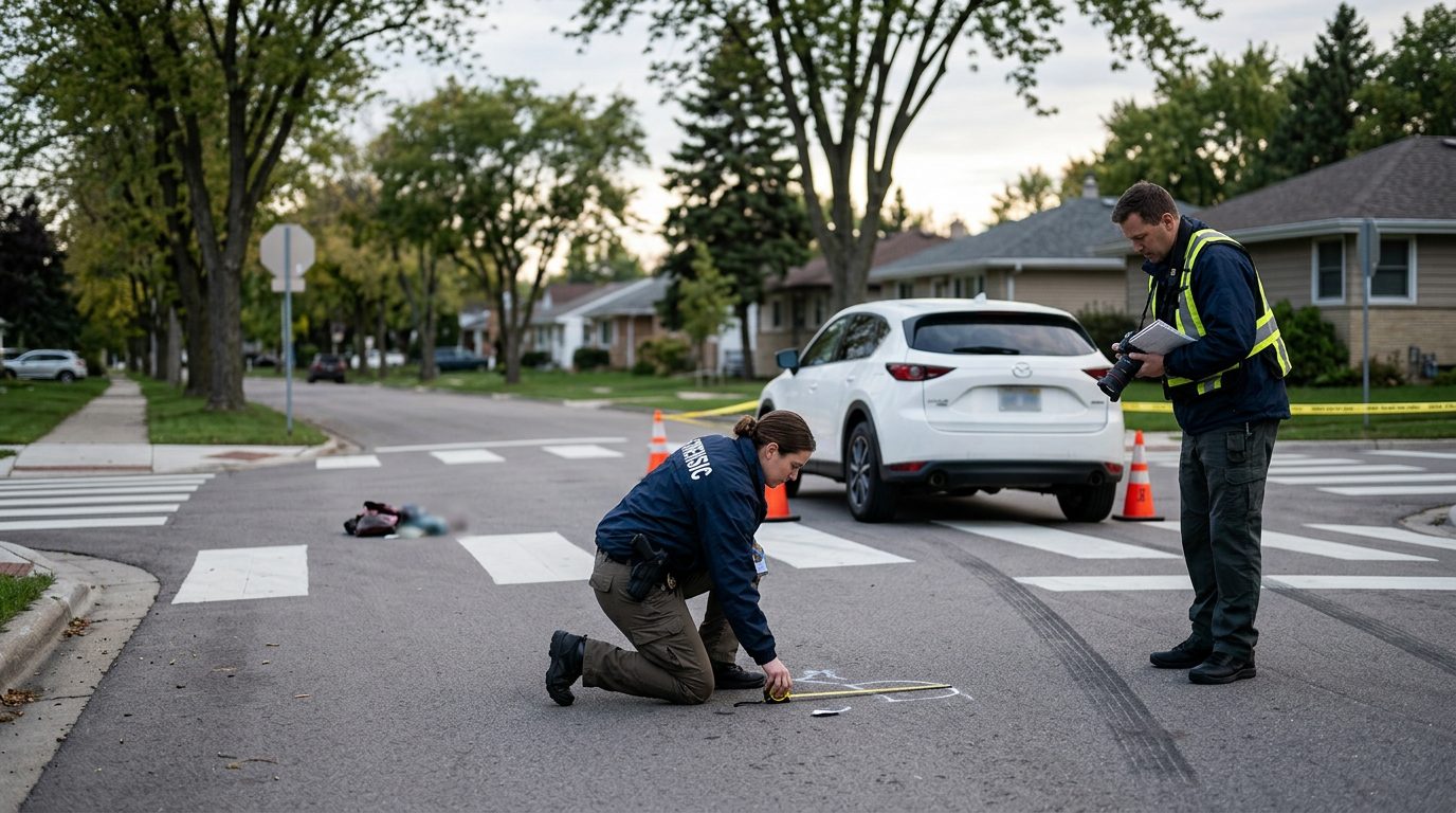 Accident investigation scene at residential intersection documenting vehicle impact and road conditions.