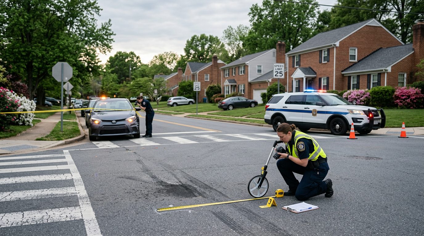 Accident investigation scene at residential intersection documenting vehicle impact points and sight lines.