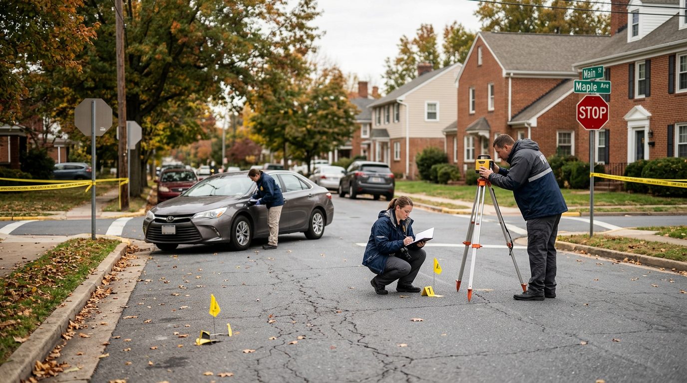Accident investigation scene at residential intersection documenting vehicle impact points and sight lines.