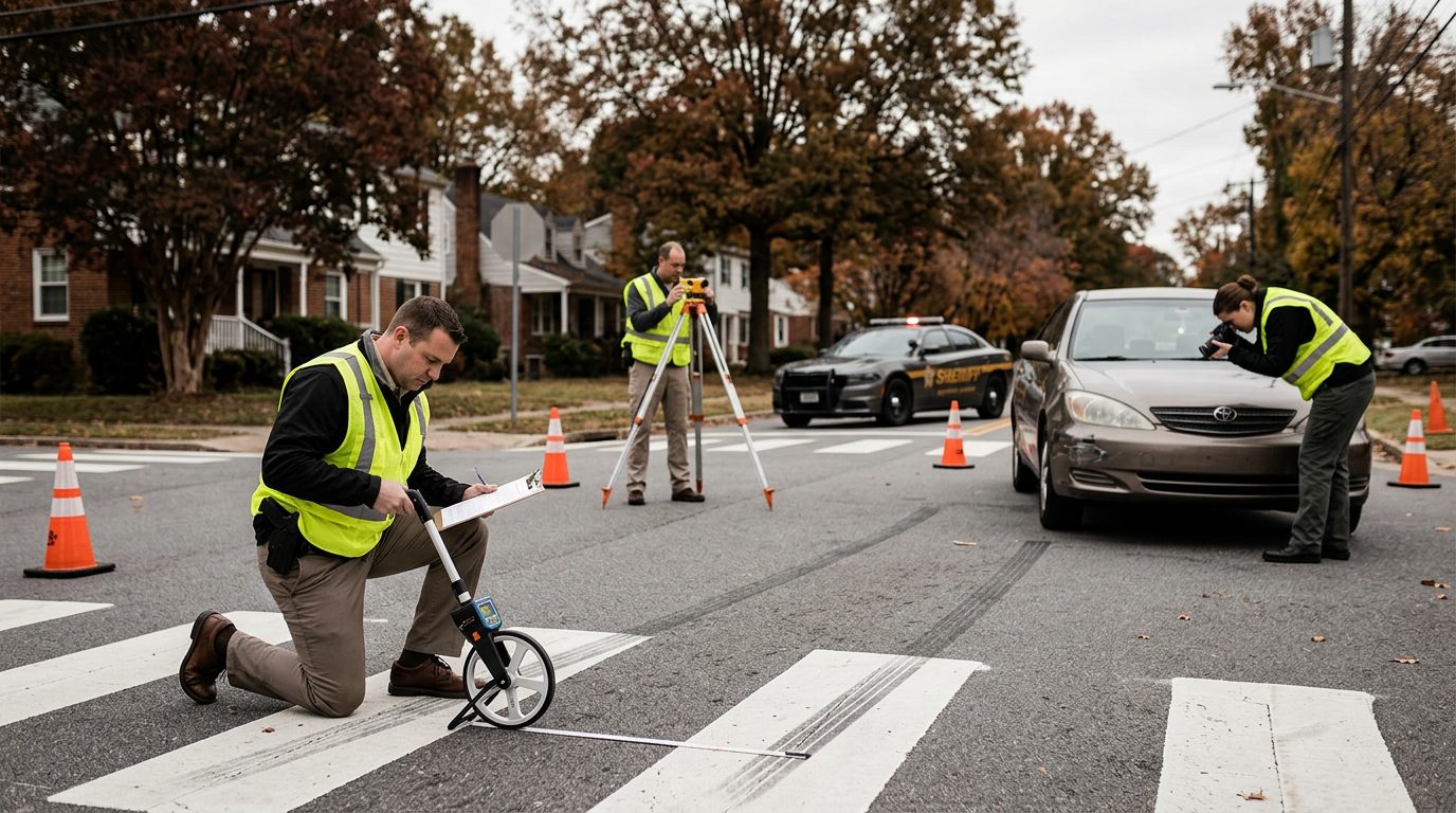 Accident investigation scene at residential intersection documenting vehicle impact points and sight lines.