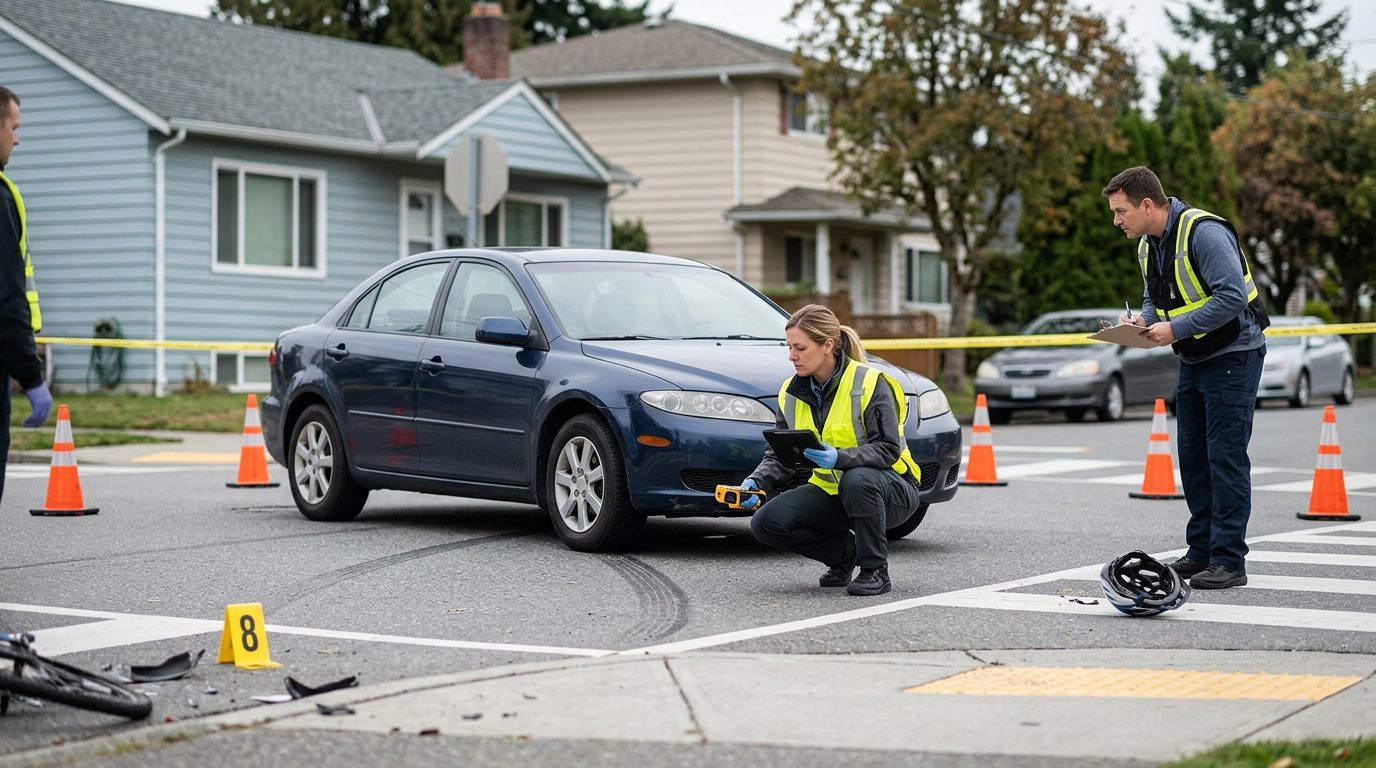 Accident investigation scene at residential intersection documenting vehicle impact points and sight lines after pedestrian collision.