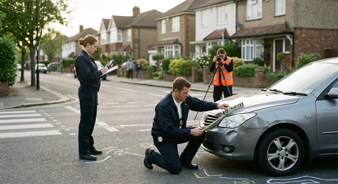 Accident investigation scene at residential intersection documenting vehicle impact points and road conditions.