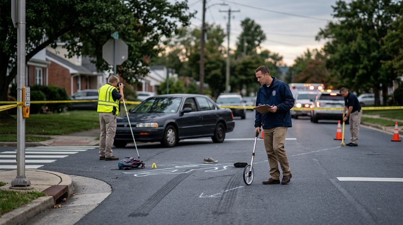 Accident investigation scene at residential intersection documenting vehicle impact points and sight lines.