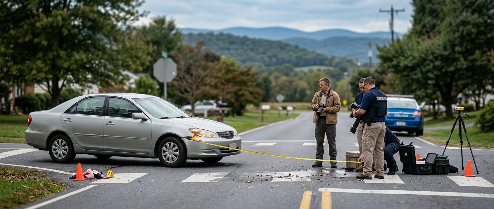 Accident investigation scene at residential intersection documenting vehicle impact and sight lines.
