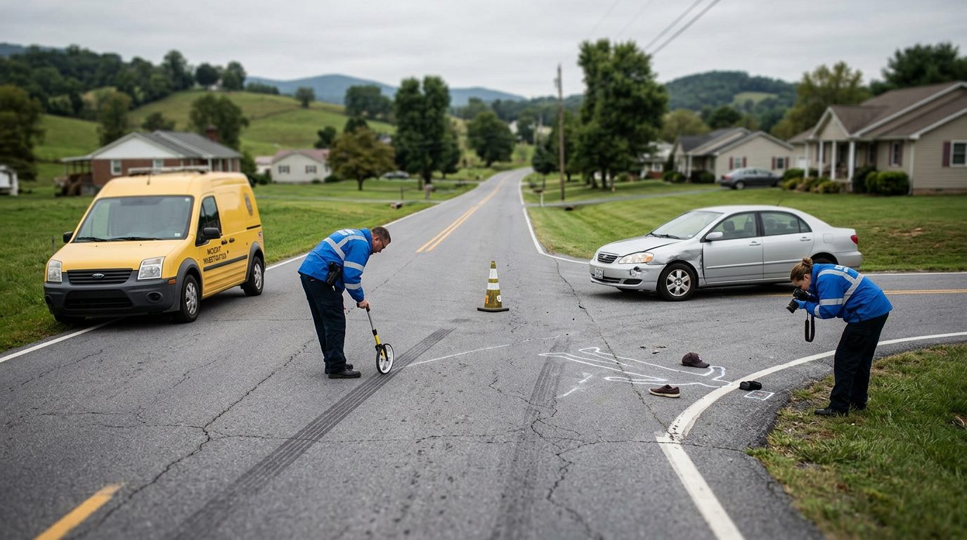Accident investigation scene at residential intersection documenting vehicle impact and sight lines.