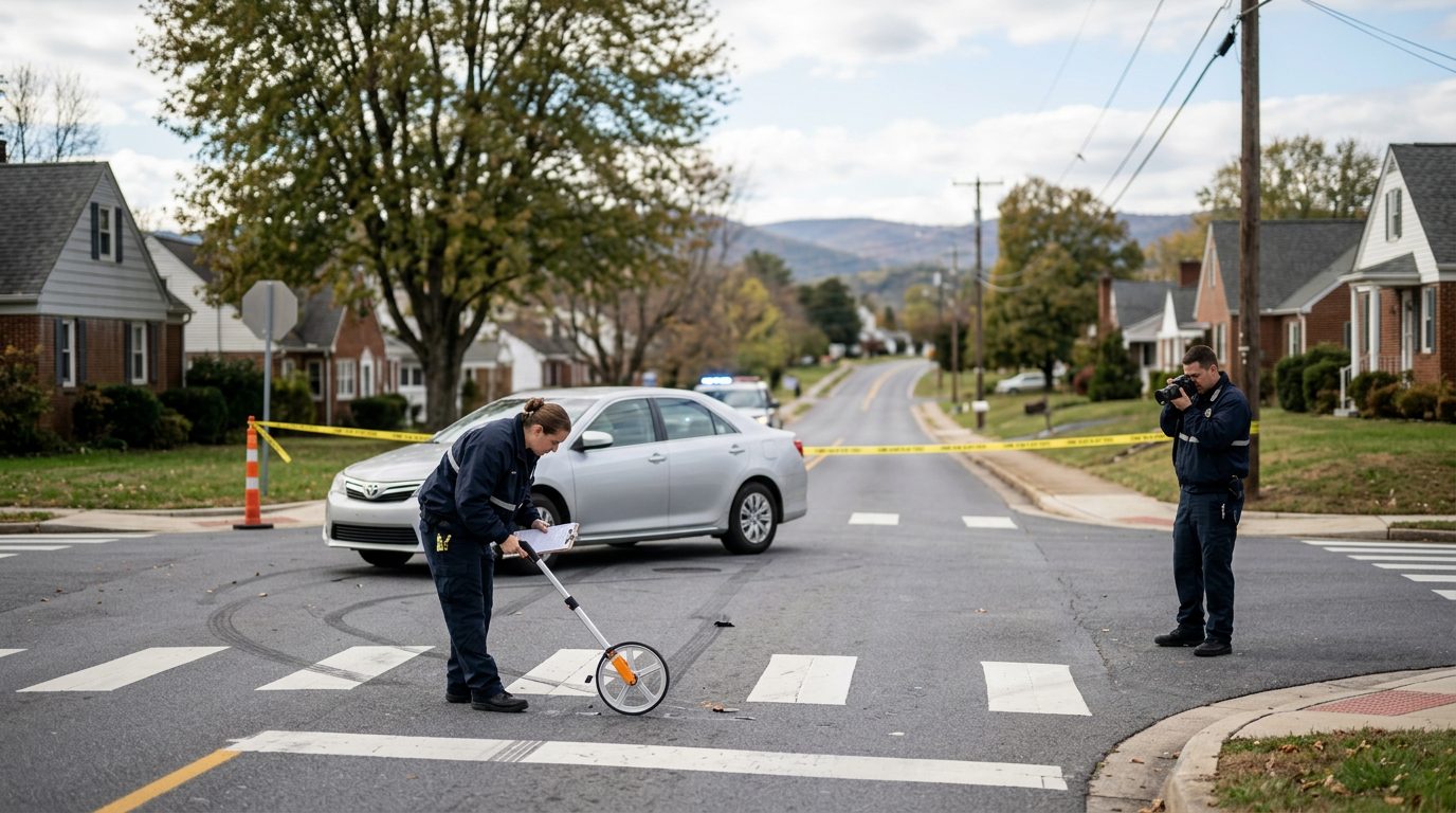 Accident investigation scene at residential intersection documenting vehicle impact points and road conditions.