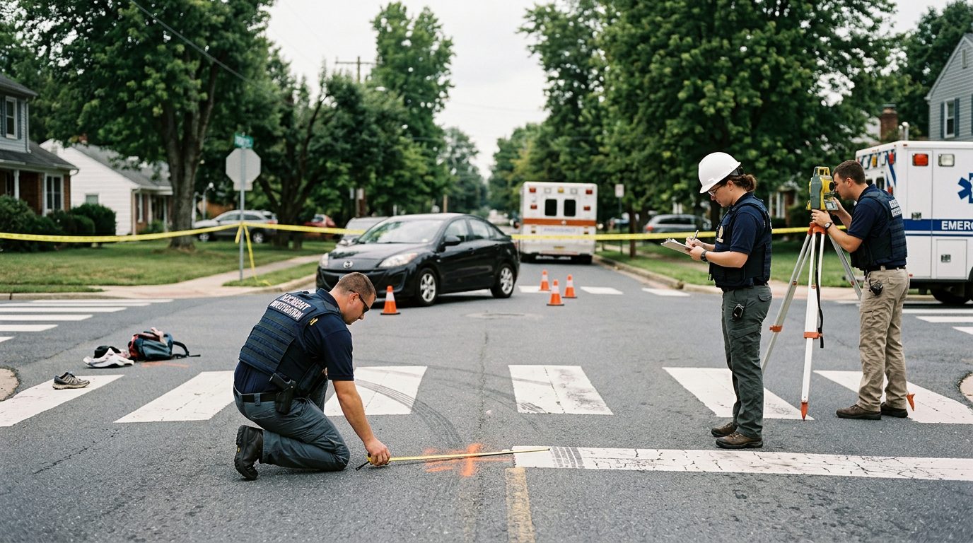 Accident investigation scene at residential intersection documenting vehicle impact points and sight lines.