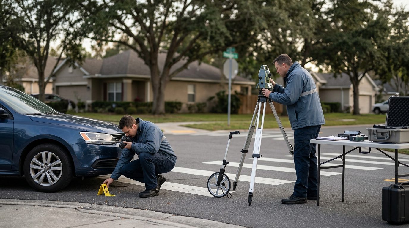 Accident investigation scene at residential intersection documenting vehicle impact and road conditions.