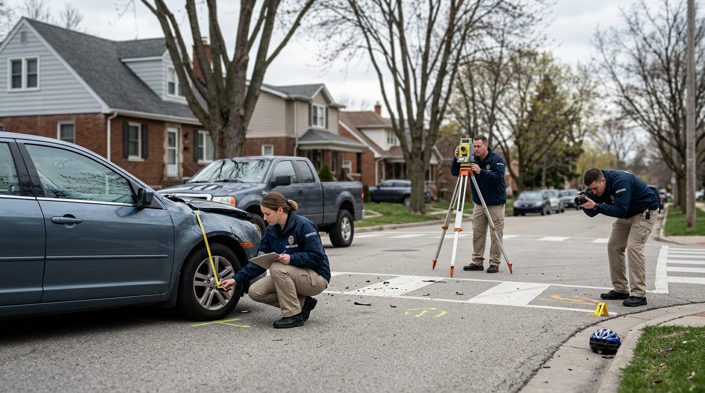 Accident investigation scene at residential intersection with investigators documenting vehicle impact and road conditions.