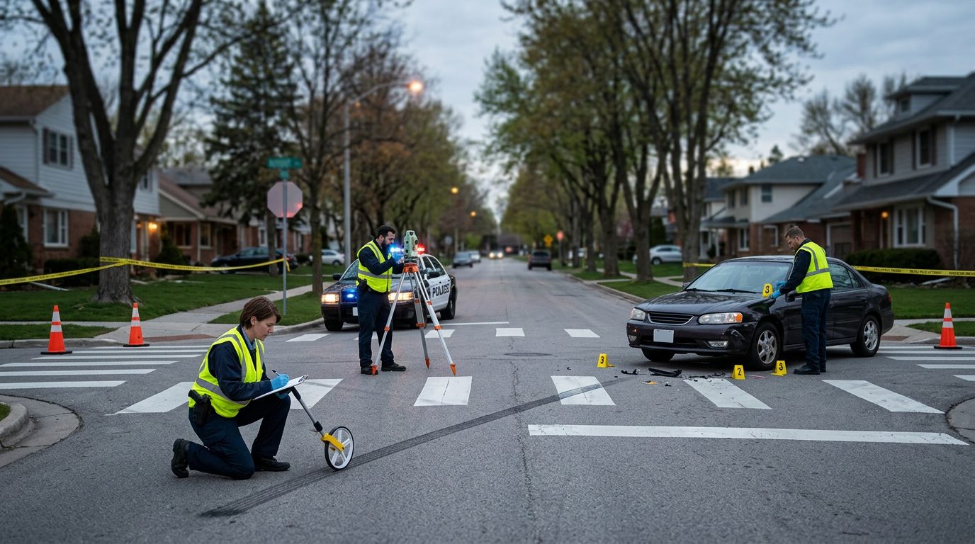 Accident investigation scene at residential intersection with investigators documenting vehicle impact and road conditions.