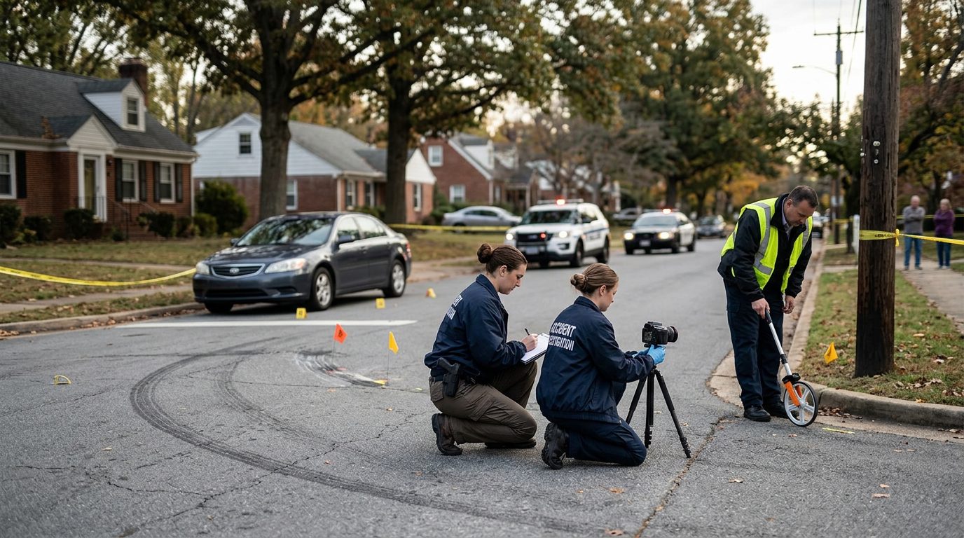 Accident investigation scene at residential intersection with investigators documenting vehicle impact and road conditions.