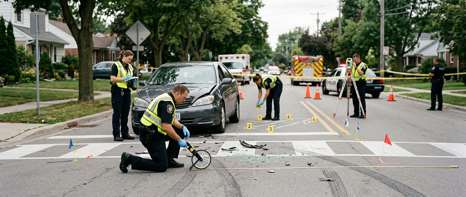 Accident investigation scene at residential intersection with investigators documenting vehicle impact and road conditions.