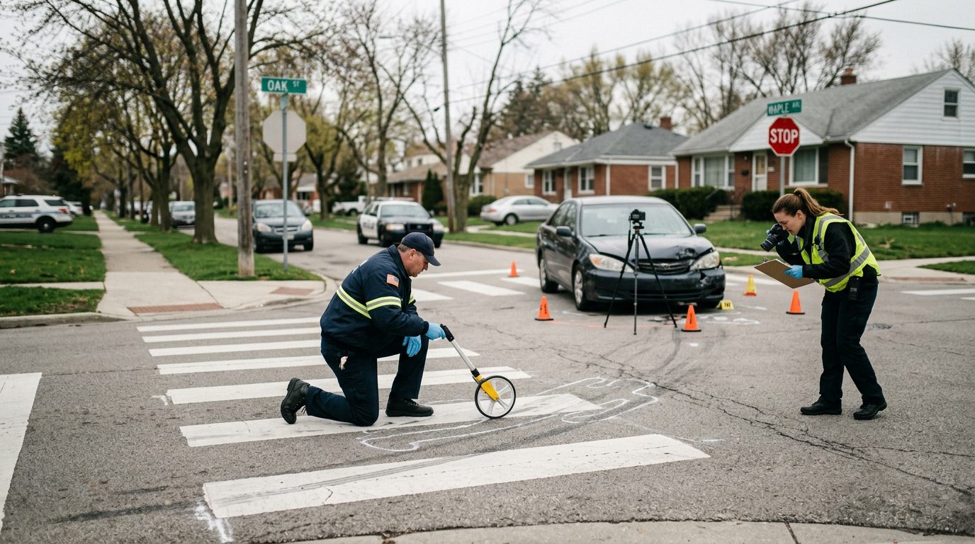 Accident investigation scene at residential intersection with investigators documenting vehicle impact and road conditions.