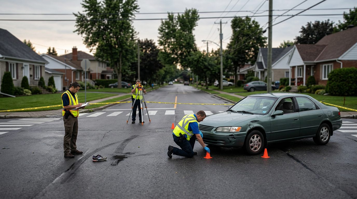 Accident investigation scene at residential intersection with investigators documenting vehicle impact and road conditions.