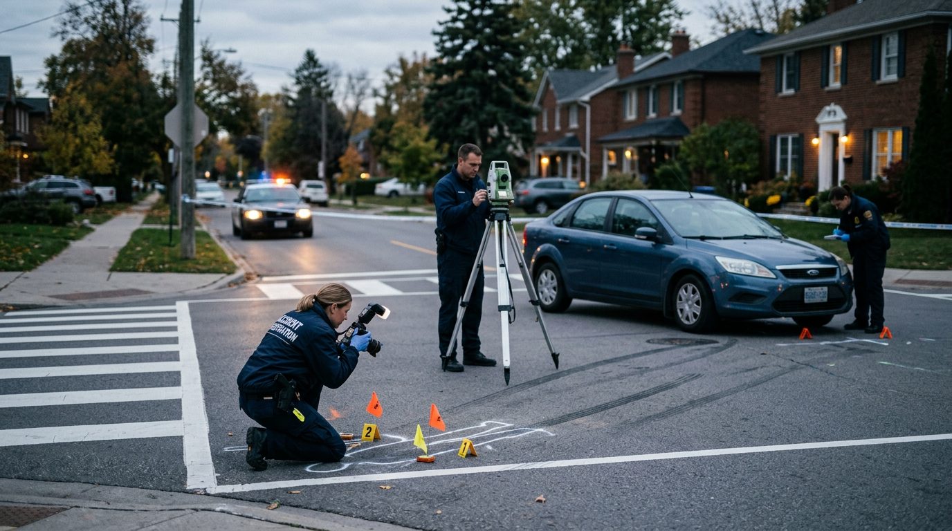 Accident investigation scene at residential intersection with investigators documenting vehicle impact and road conditions.