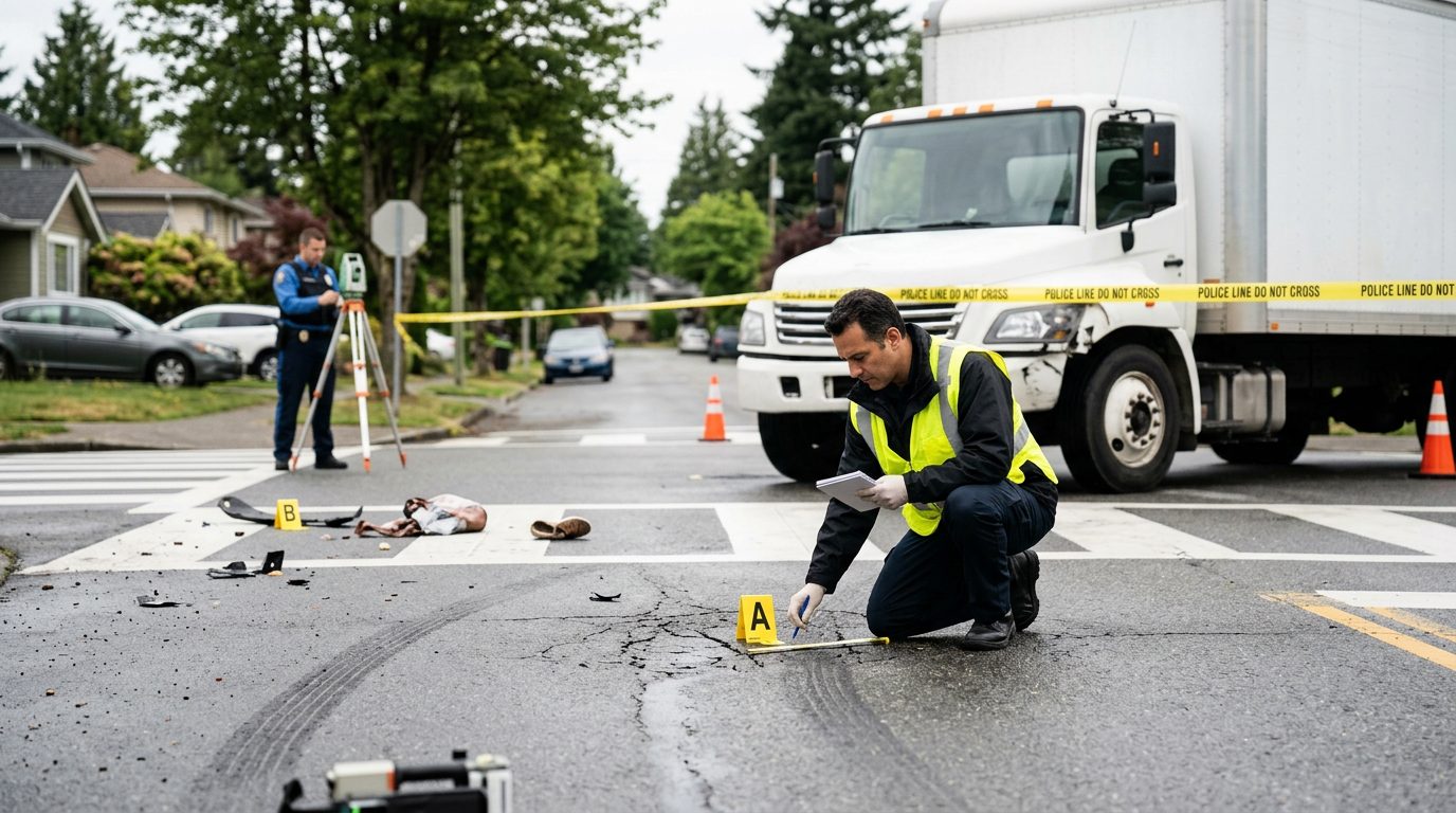 Accident investigation scene at residential intersection with investigators documenting vehicle impact and road conditions.