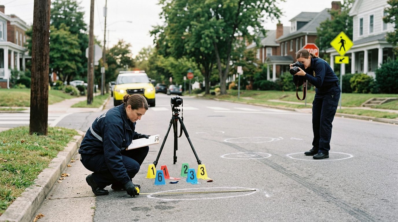 Accident investigation scene at residential intersection with investigators documenting vehicle impact and road conditions.