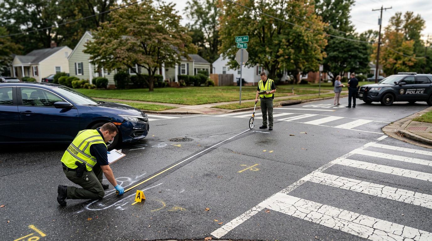 Accident investigation scene at residential intersection with investigators documenting vehicle impact and road conditions.