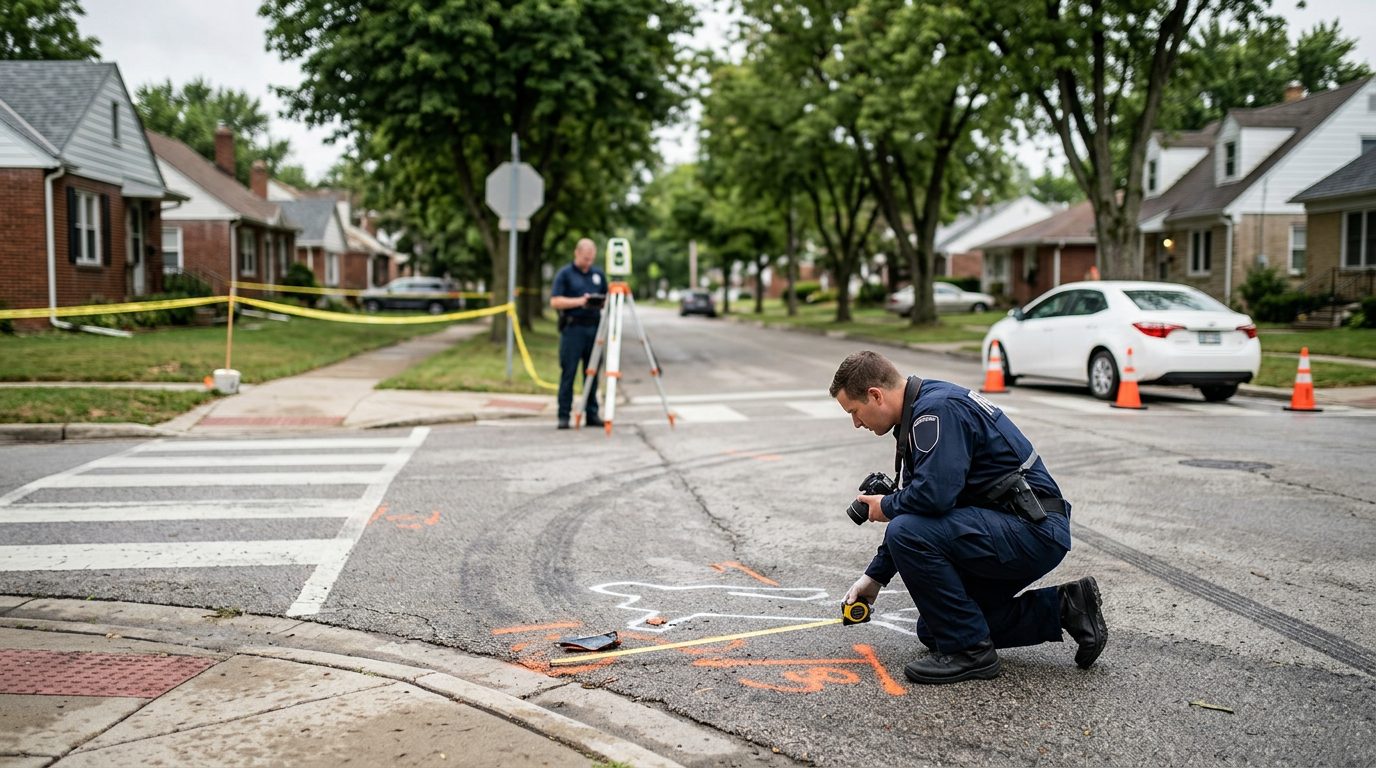 Accident investigation scene at residential intersection with investigators documenting vehicle impact and road conditions.