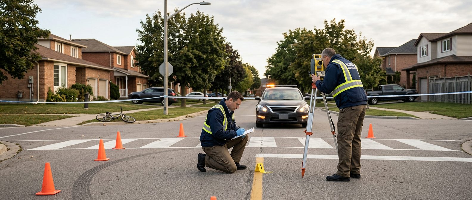Accident investigation scene at residential intersection with investigators documenting vehicle impact and road conditions.