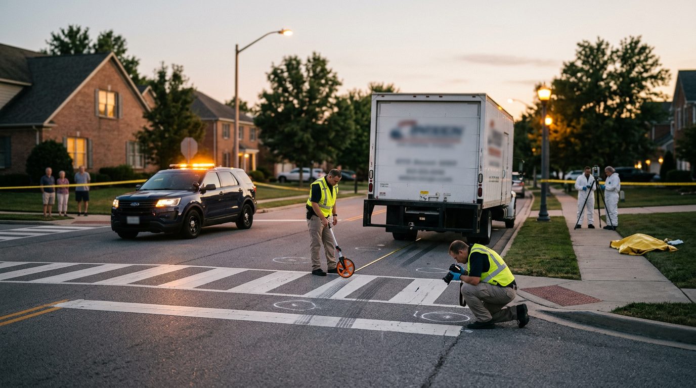Accident investigation scene at residential intersection with investigators documenting vehicle impact points and road conditions.
