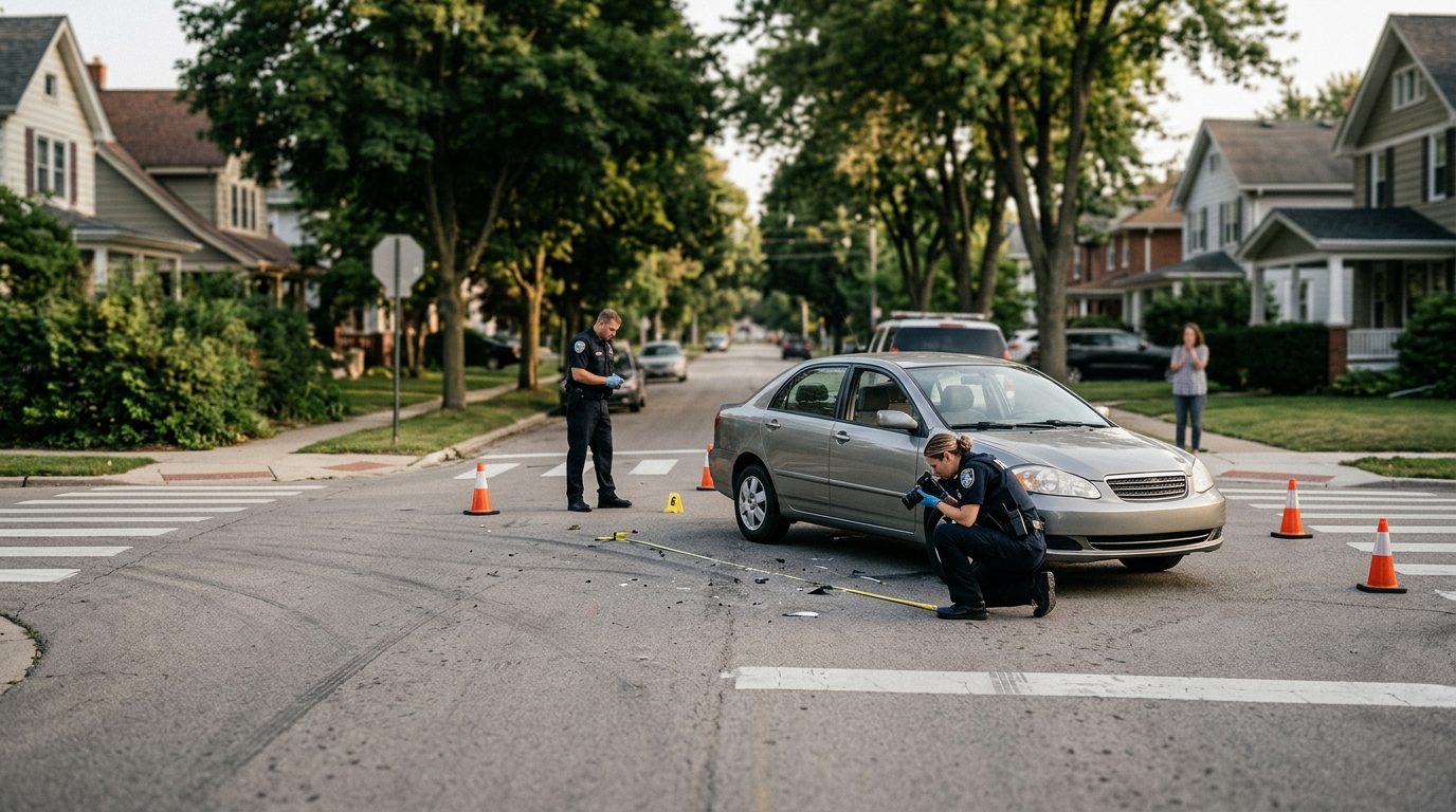 Accident investigation scene at residential intersection with investigators documenting vehicle impact and road conditions.
