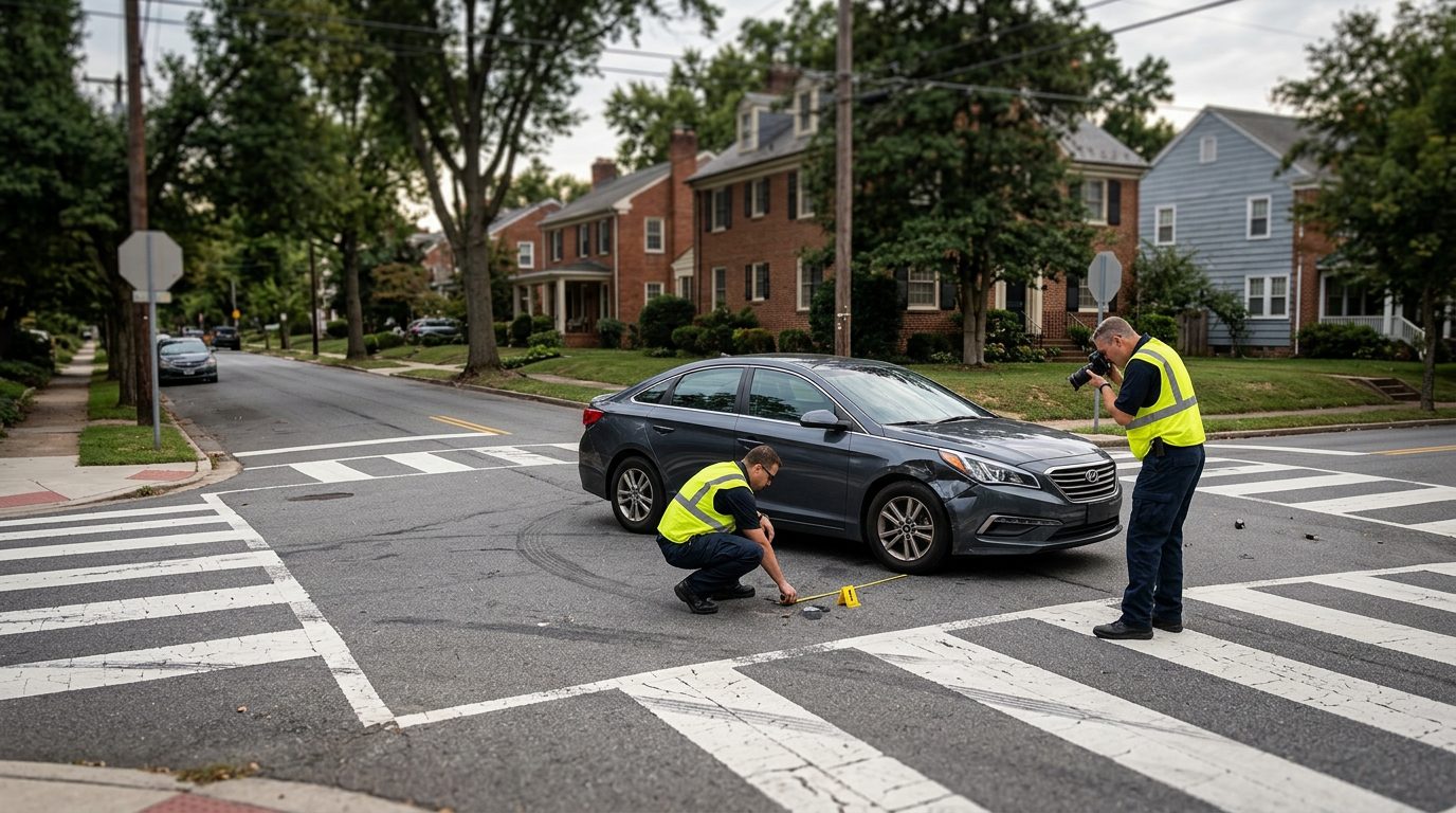 Accident investigation scene at residential intersection with investigators documenting vehicle impact and road conditions.