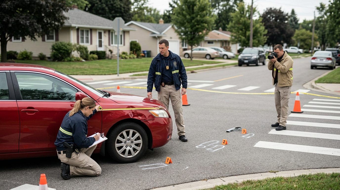 Accident investigation scene at residential intersection with investigators documenting vehicle impact and road conditions.
