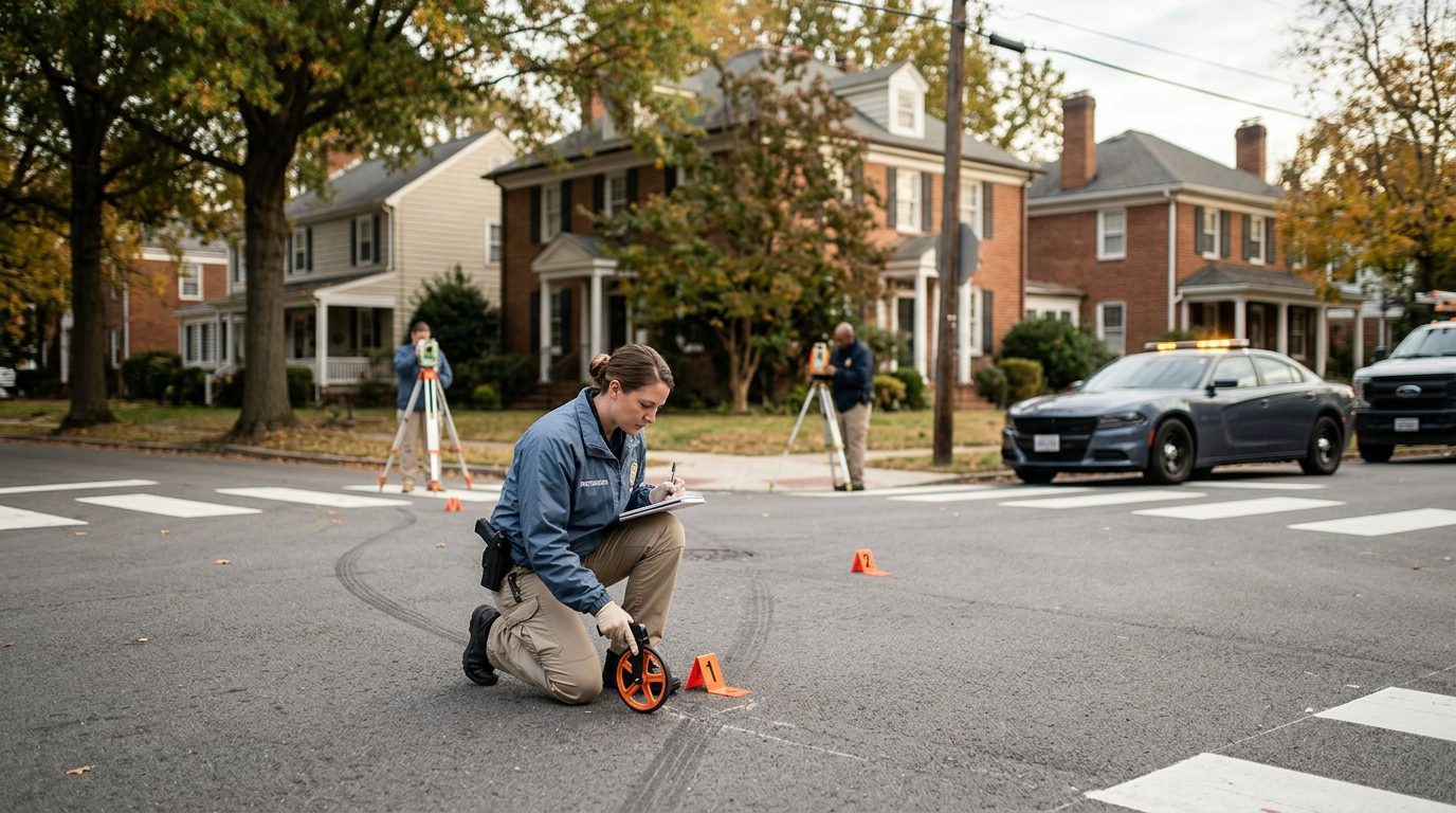 Accident investigation scene at residential intersection with investigators documenting vehicle impact and road conditions.