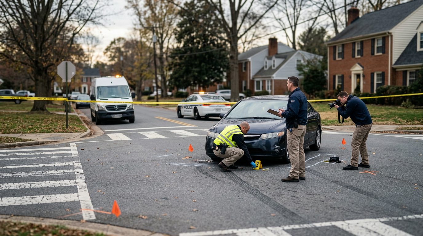 Accident investigation scene at residential intersection with investigators documenting vehicle impact and road conditions.