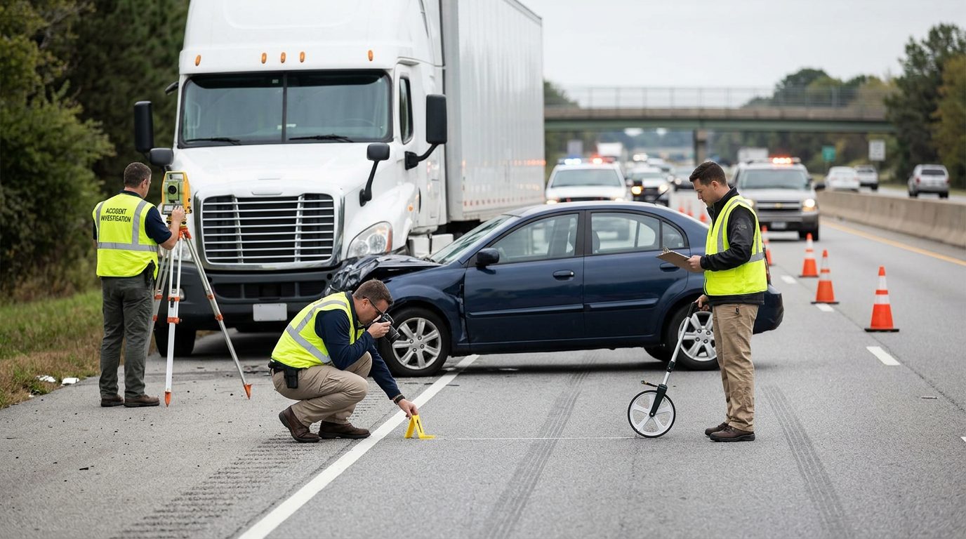 Accident investigation scene on highway with commercial truck and damaged passenger car.