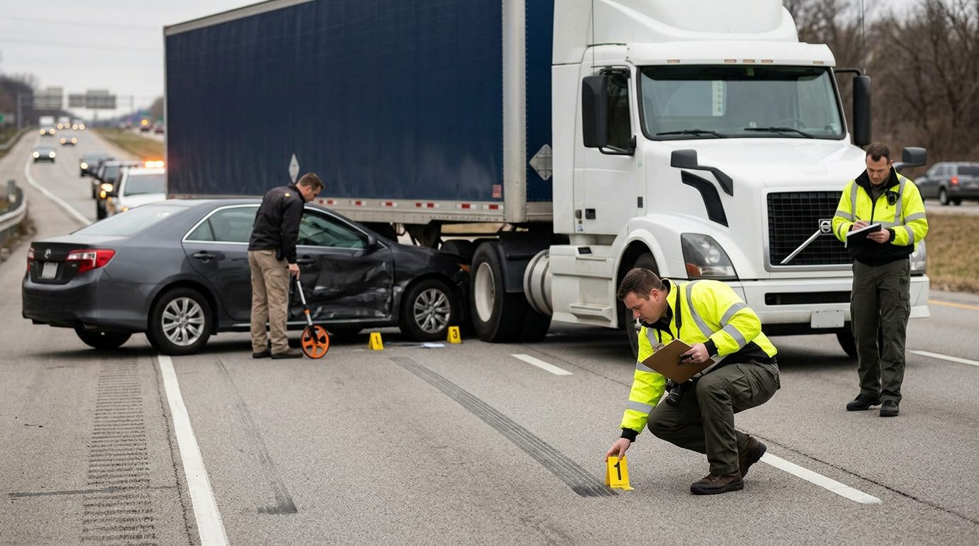 Accident investigation scene on highway with commercial truck and damaged passenger car, investigators documenting evidence.