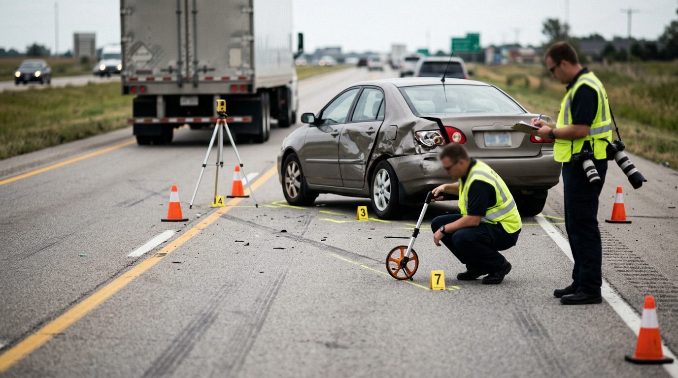 Accident investigation scene on highway with commercial vehicle and passenger car, investigators documenting impact and road conditions.