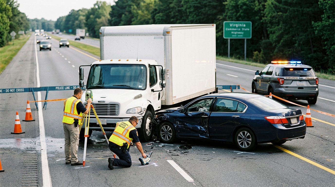 Accident investigation scene on highway with commercial vehicle and passenger car for spinal injury case documentation.