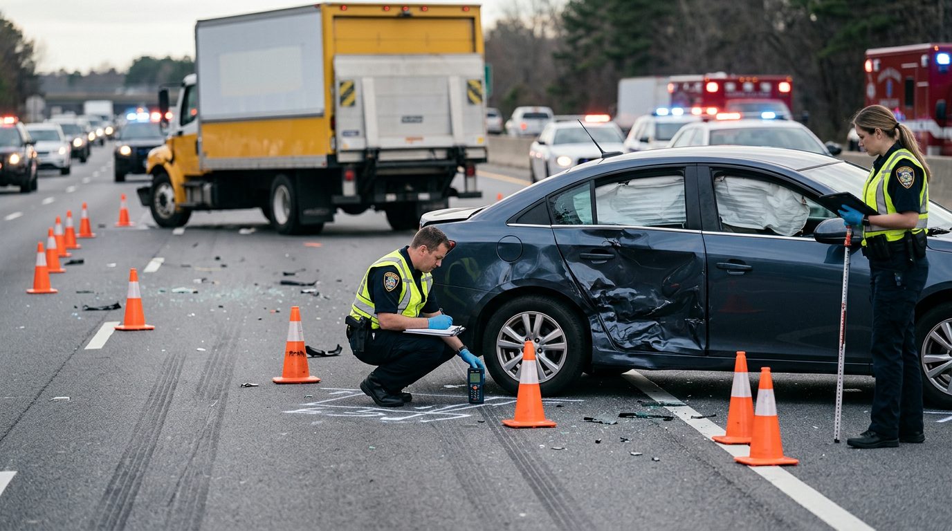 Accident investigation scene on highway with commercial vehicle and passenger car, investigators documenting impact and road conditions.