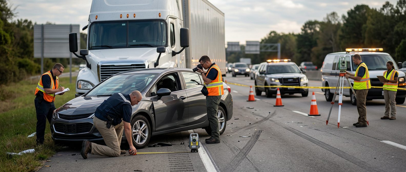 Accident investigation scene on highway with commercial vehicle and passenger car for spinal injury case documentation.