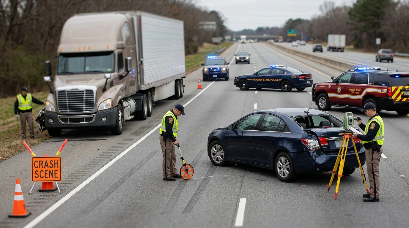 Accident investigation scene on multi-lane highway with commercial vehicle and passenger car for spinal injury assessment.