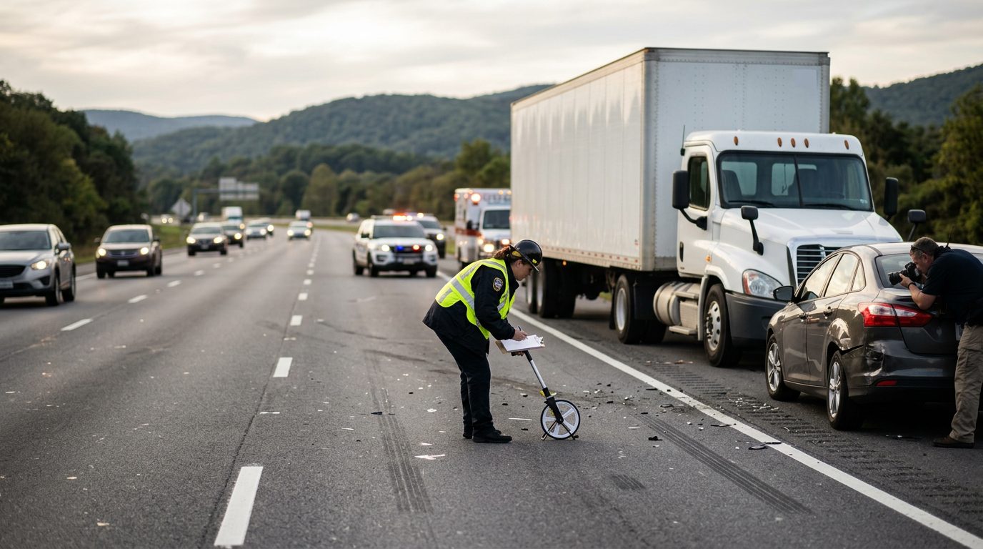 Accident investigation scene on multi-lane highway with commercial vehicle and passenger car, investigators documenting evidence.